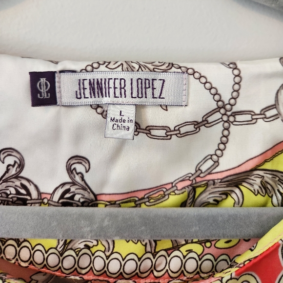 Jennifer Lopez Colorful Print Silky 3/4 Sleeves Summer Fashion Dress sz L - Picture 8 of 13